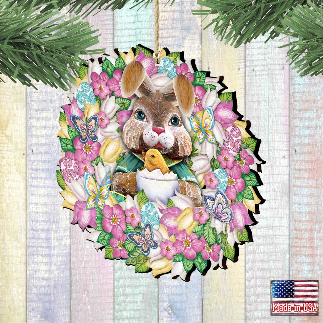 Bunny Wreath Wooden Ornaments Easter by G. DeBrekht - Easter Spring Decor - 8185301-2