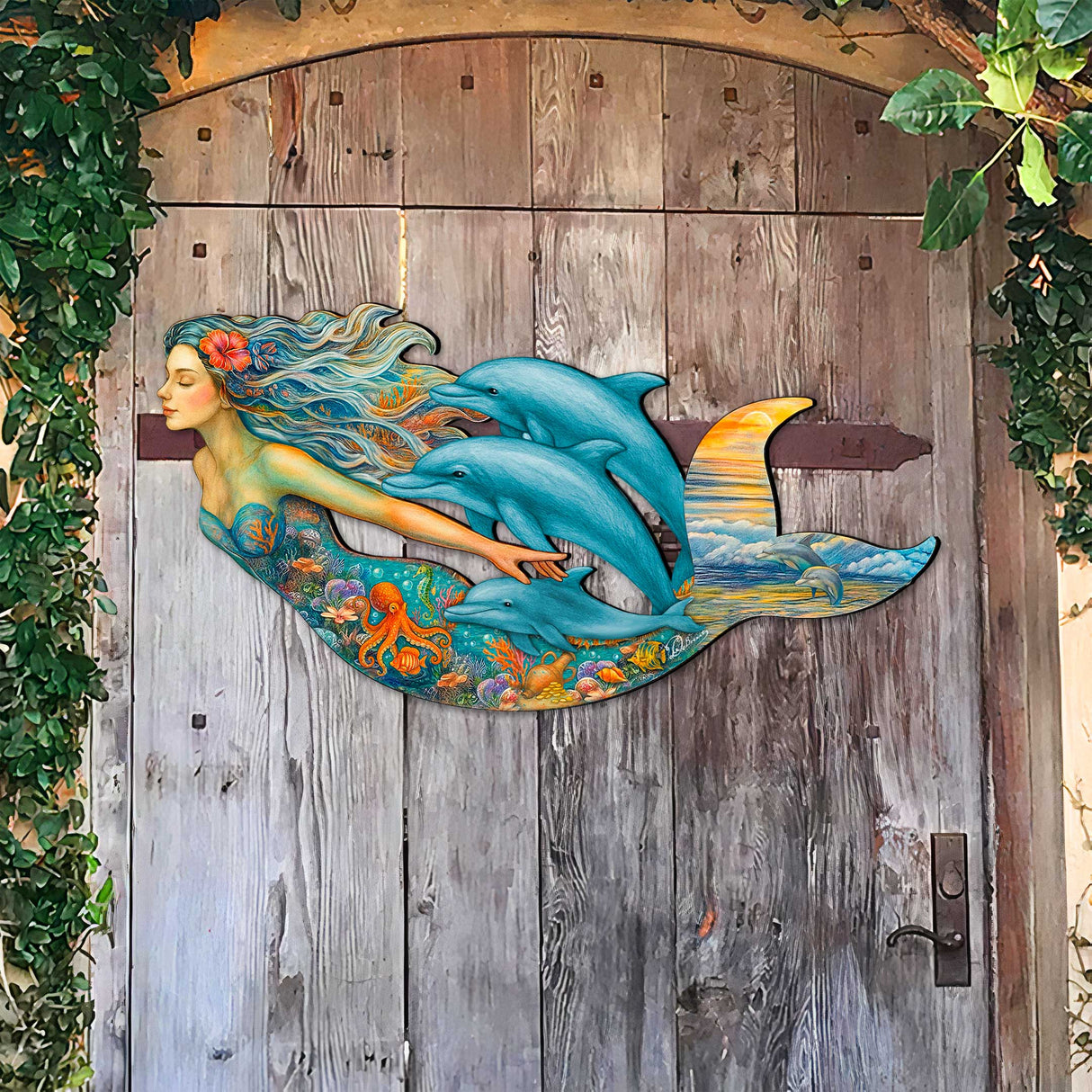 Mermaid & Dolphins Coastal Door Hanger - Handcrafted Ocean Fantasy Art Decor by G. DeBrekht - Coastal Holiday Decor - 81985143H