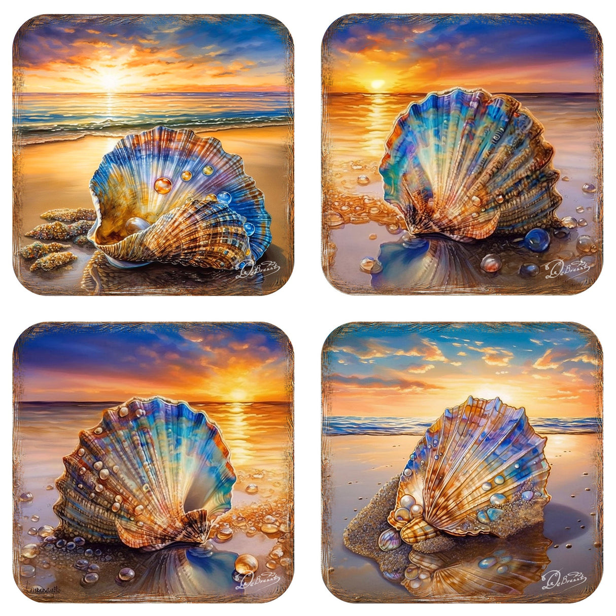 Juego de 4 posavasos de corcho de madera "Atardecer en la playa" de G. Debrekht - Decoración navideña costera - 8199450C-S4