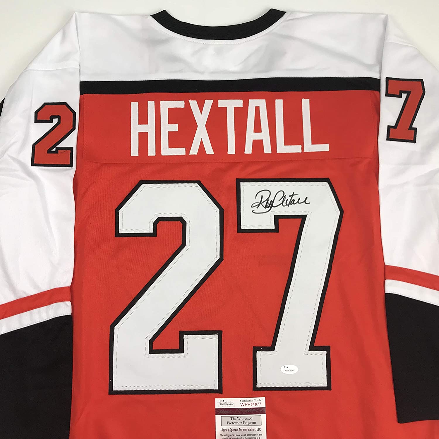 Camiseta de hockey naranja de Filadelfia autografiada/firmada por Ron Hextall (JSA COA)
