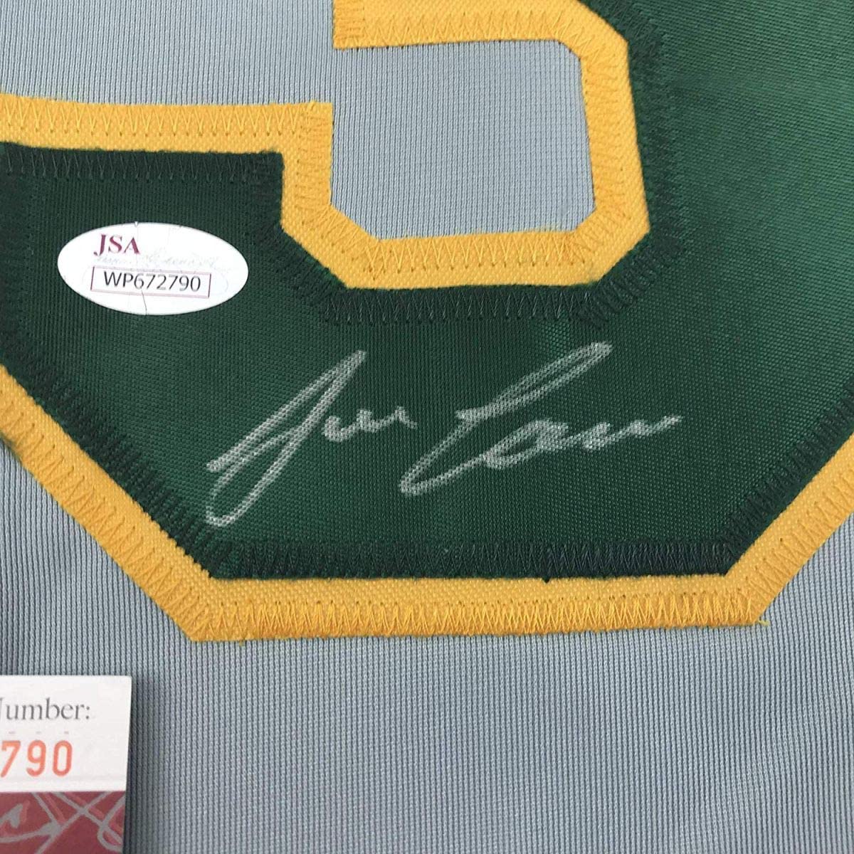 Autographed/Signed Jose Canseco Oakland Grey Baseball Jersey JSA COA