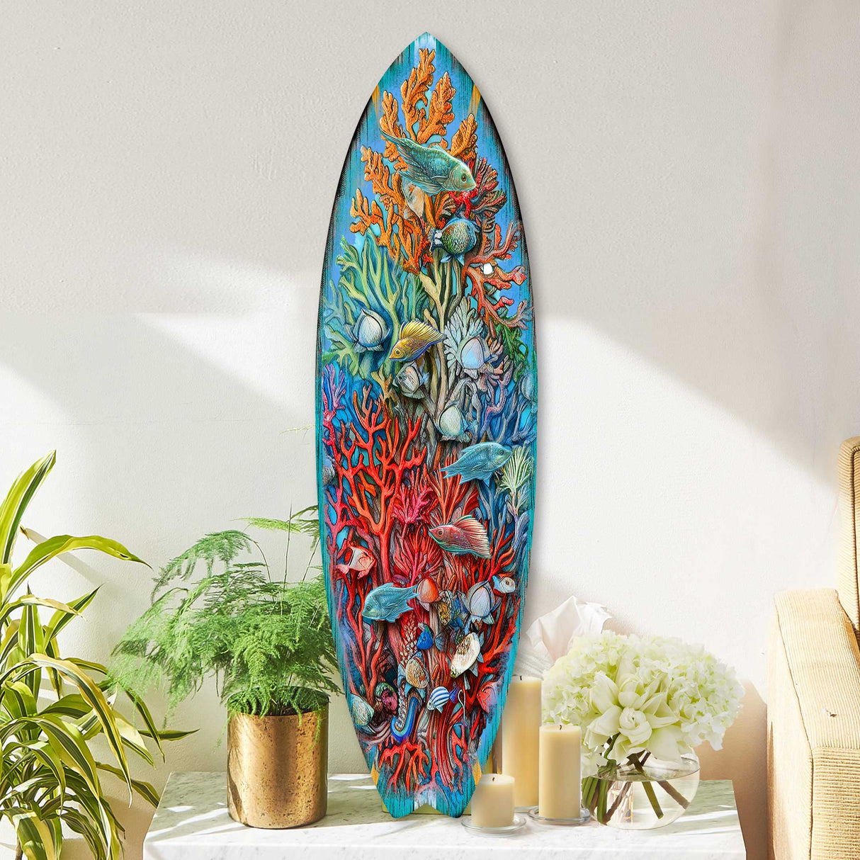 Arte mural costero con tabla de surf - Arte mural de vida submarina de G. DeBrekht - Decoración costera navideña - 8490135HS