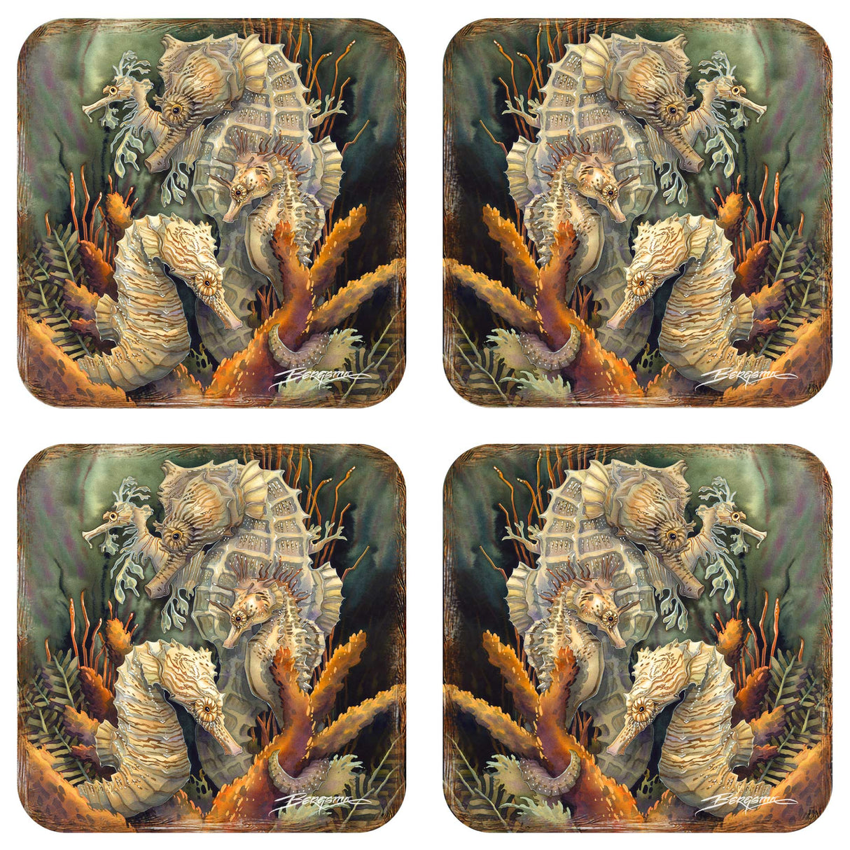 Juego de 4 posavasos de corcho de madera con diseño de caballitos de mar de J. Bergsma - Decoración costera - 8199454C-S4