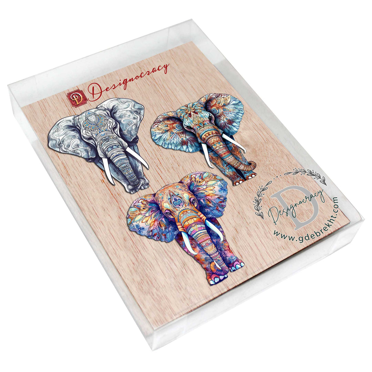 Elephants Decorative Wooden Ornaments Set of 3 by G. Debrekht - Wildlife Decor - 8091036-S3