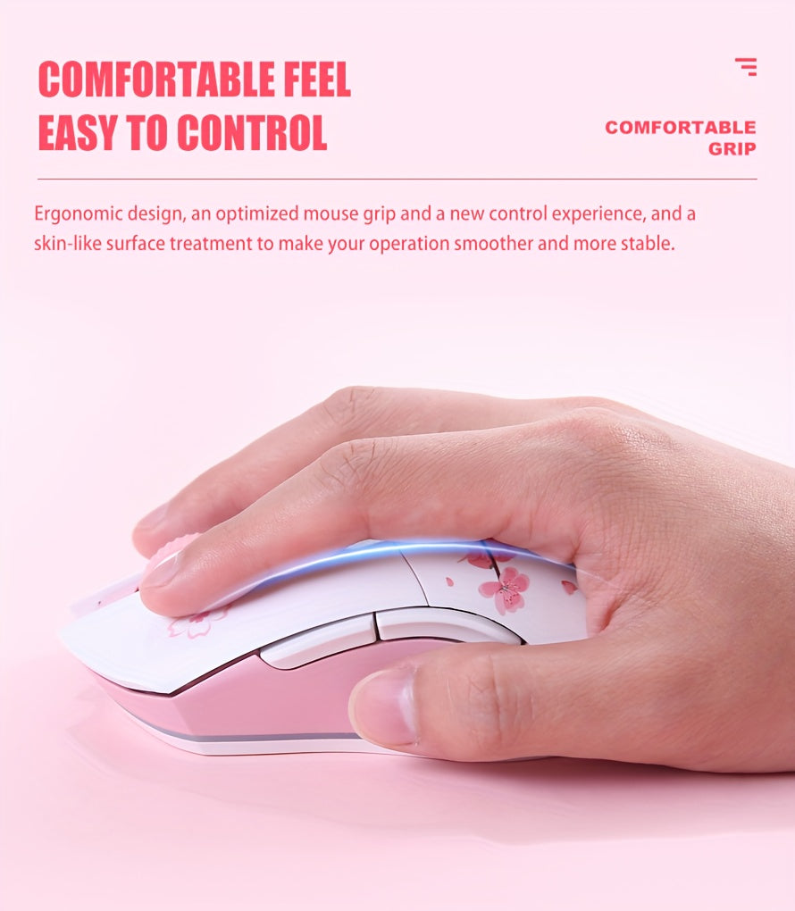 DAREU Sakura Pink Wireless Gaming Mouse - 12K DPI, RGB Rechargeable, 7 Programmable Buttons, Charging Dock Stand, Dual Mode for PC/Laptop/Mac - The Perfect Gift for Birthdays, Valentines, Halloween, Easter, and Girlfriends