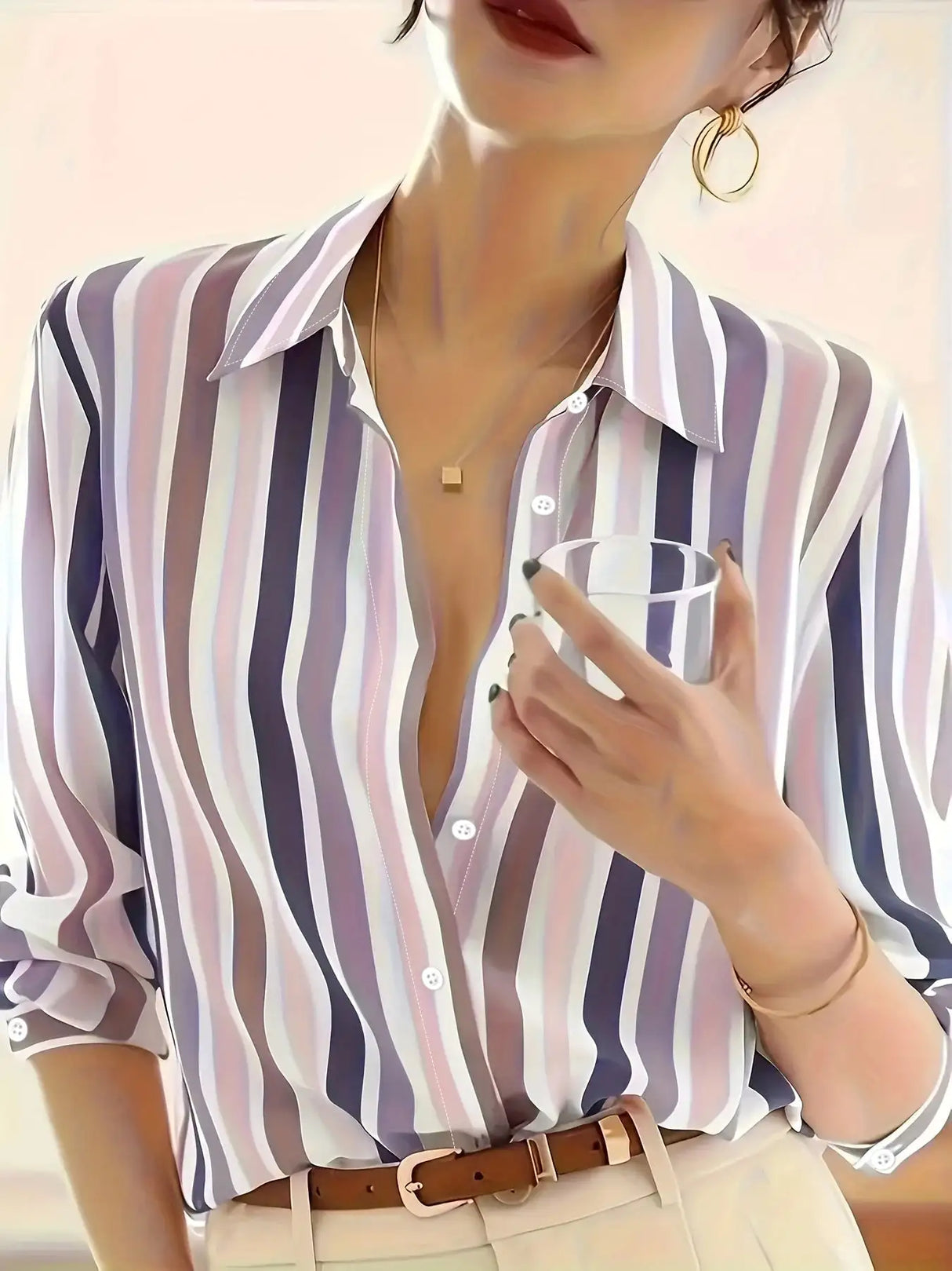 Ladies' Long-sleeved Striped Printed Versatile Casual Shirt - Lootquake