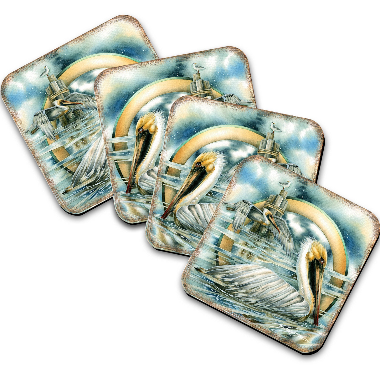 Pelicans Wooden Cork Coasters Gift Set of 4 by J. Bergsma - Coastal Holiday Decor - 8199460C-S4