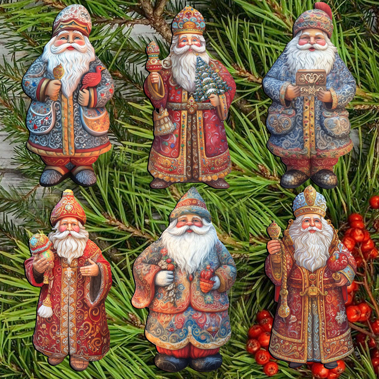 Santa Decorative Wooden Clip-on Ornaments Set of 6 by G. Debrekht - Christmas Decor - 8090032C-S6