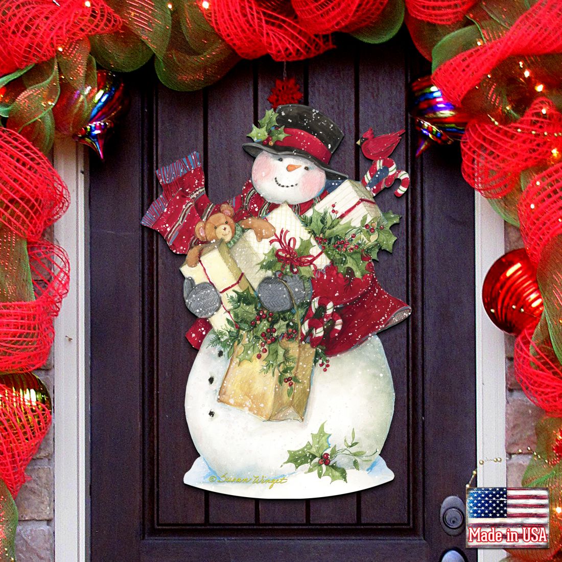 Dark Night Presents Santa Door Decor by Susan Winget - Christmas Santa and Snowman Decor - 8471104H-SW