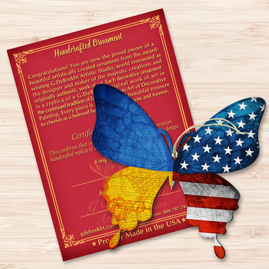 USA/Ukraine Patriotic Butterfly Wooden Ornaments - International Decor - 8187129
