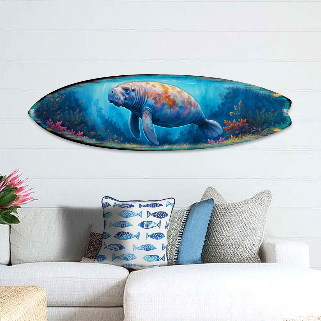 Manatee Surfboard Wall Art – Handcrafted Coastal Decor - Surfboard Wall Decor for Beach House - Art by G. Debrekht - 8490140HS