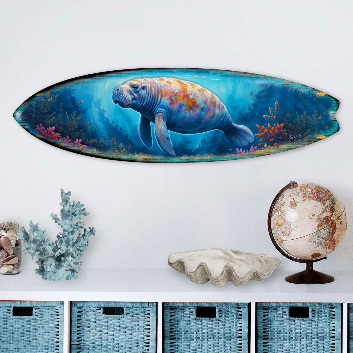 Manatee Surfboard Wall Art – Handcrafted Coastal Decor - Surfboard Wall Decor for Beach House - Art by G. Debrekht - 8490140HS