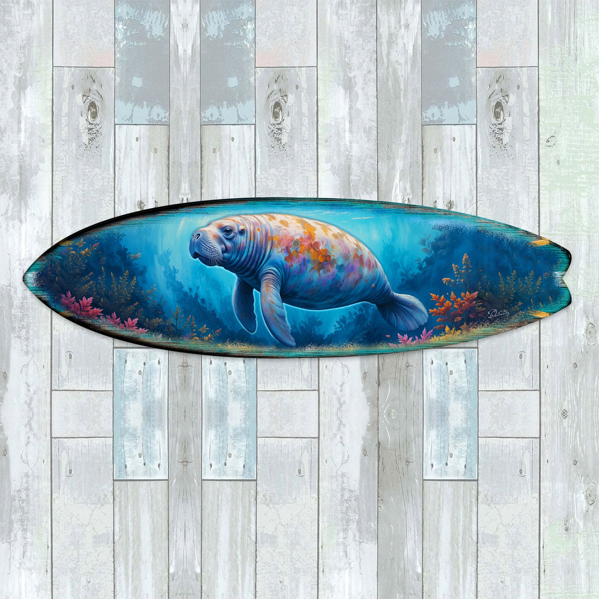 Manatee Surfboard Wall Art – Handcrafted Coastal Decor - Surfboard Wall Decor for Beach House - Art by G. Debrekht - 8490140HS