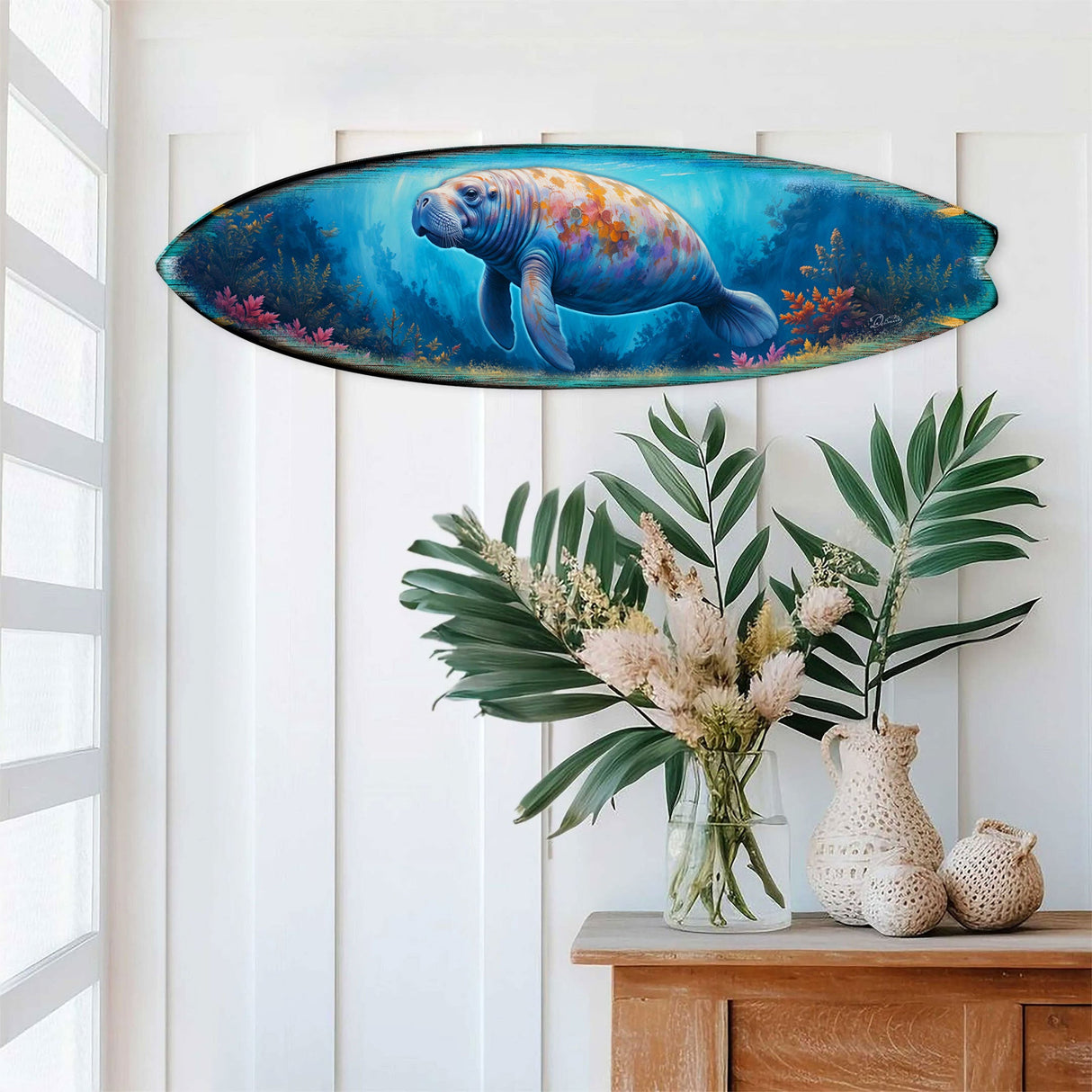 Manatee Surfboard Wall Art – Handcrafted Coastal Decor - Surfboard Wall Decor for Beach House - Art by G. Debrekht - 8490140HS