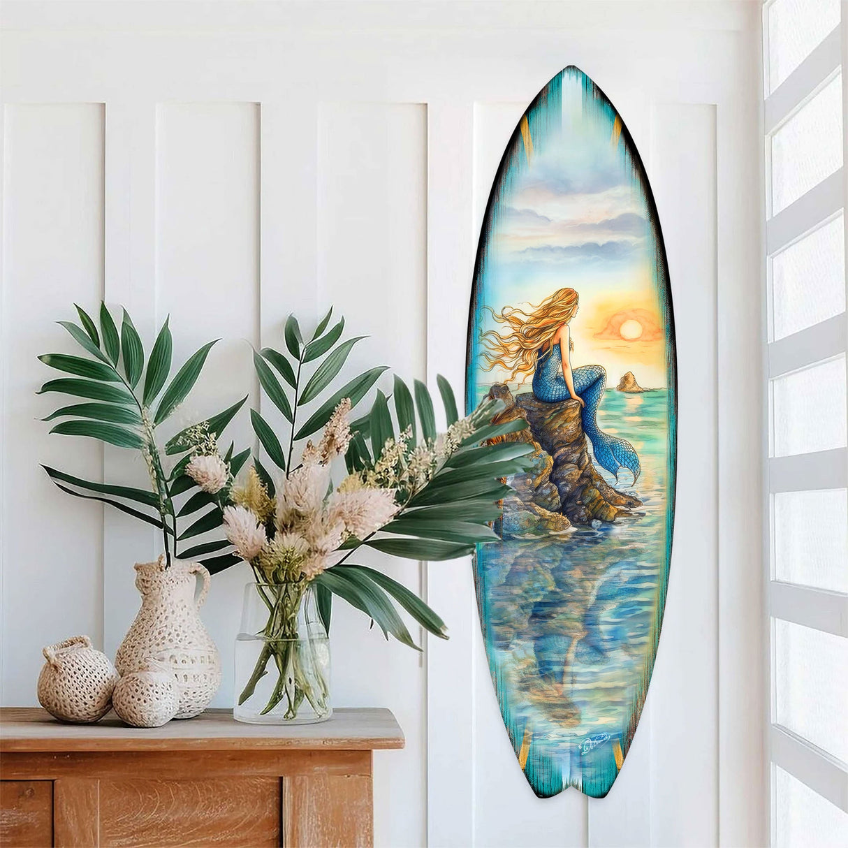Mermaid Surfboard Wall Art– Handcrafted Coastal Decor - Surfboard Wall Decor for Beach House & Nautical Interiors - Coastal Wall Art by G. Debrekht - 8490141HS