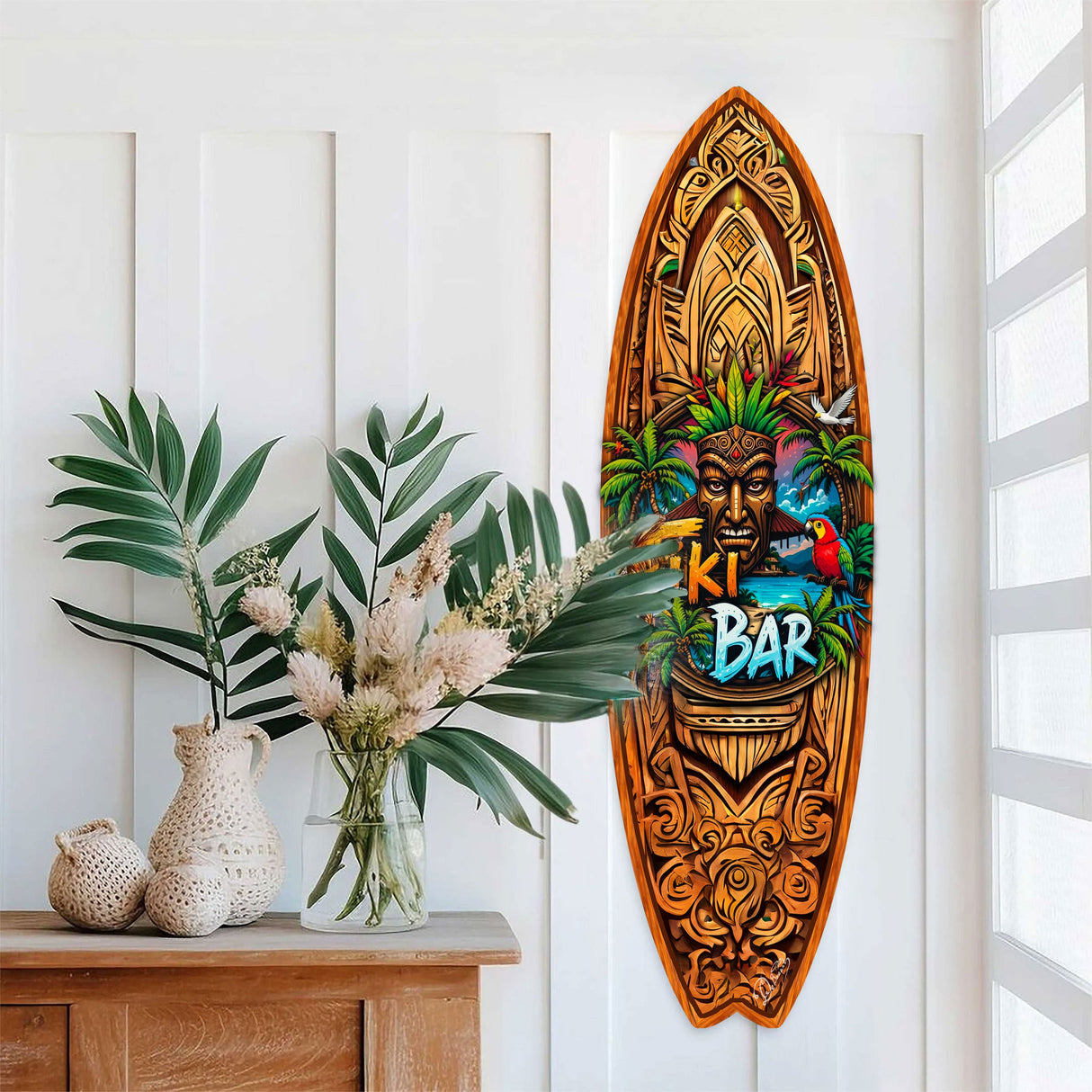 Tiki Bar Surfboard Wall Art by G. DeBrekht – Handcrafted Coastal Decor for Tiki Lounge & Beach House - 8490144HS