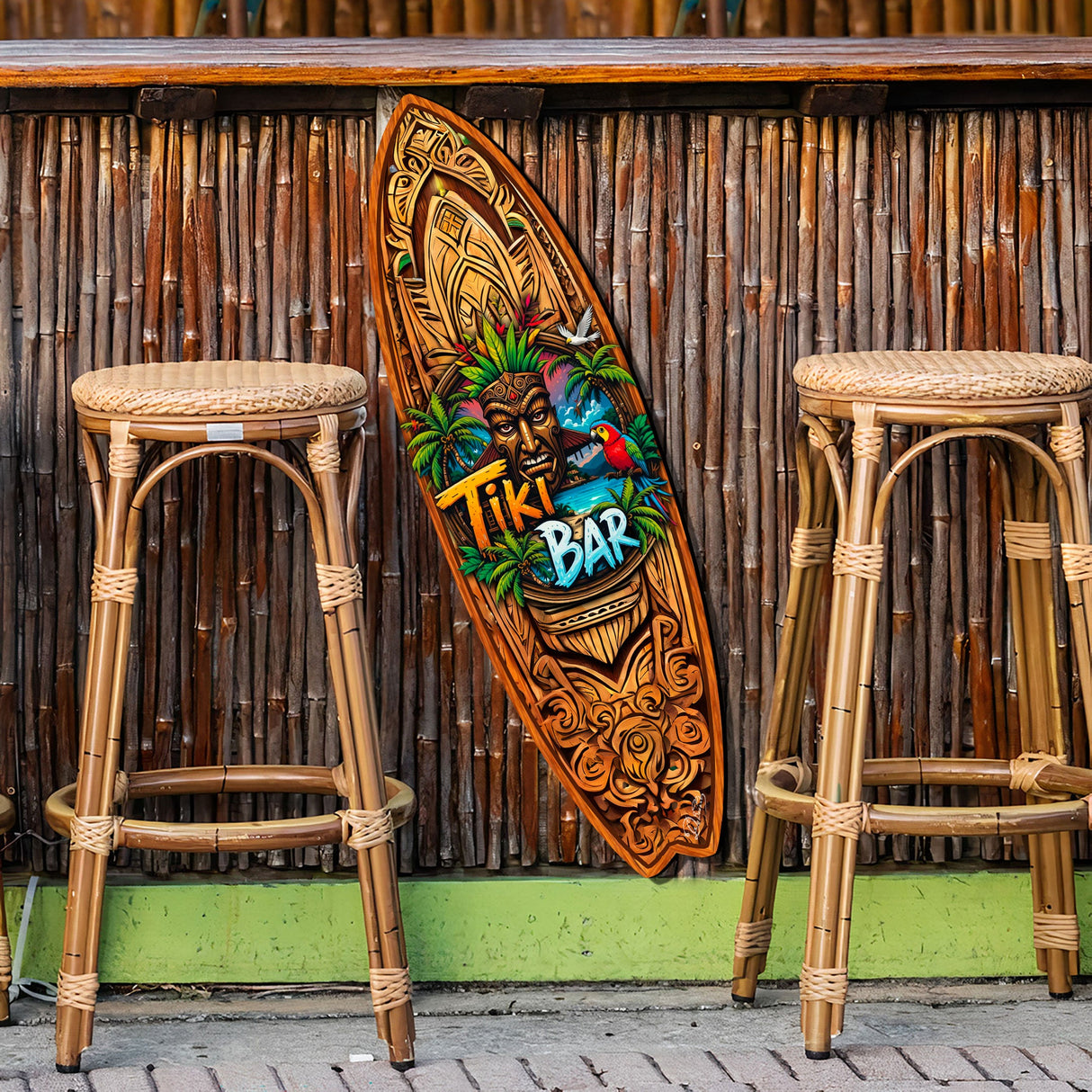 Tiki Bar Surfboard Wall Art by G. DeBrekht – Handcrafted Coastal Decor for Tiki Lounge & Beach House - 8490144HS