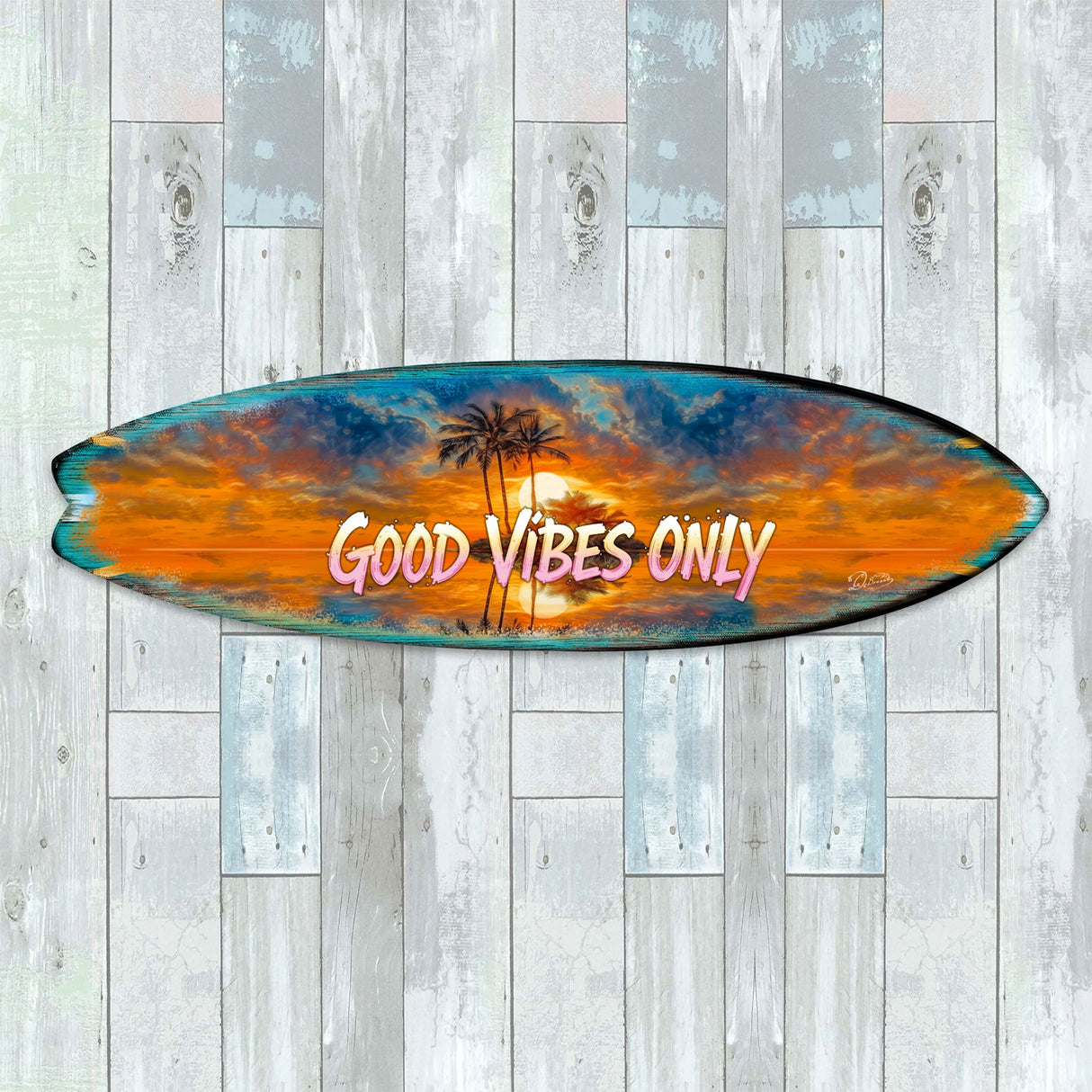 Arte mural de tabla de surf "Good Vibes Only" de G. DeBrekht: decoración costera artesanal para casas de playa e interiores tropicales – 8490145HS