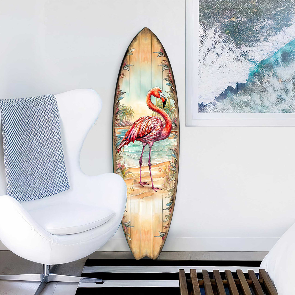 Tabla de surf con flamenco rosa de G. DeBrekht – Decoración costera tropical artesanal – 8490146HS
