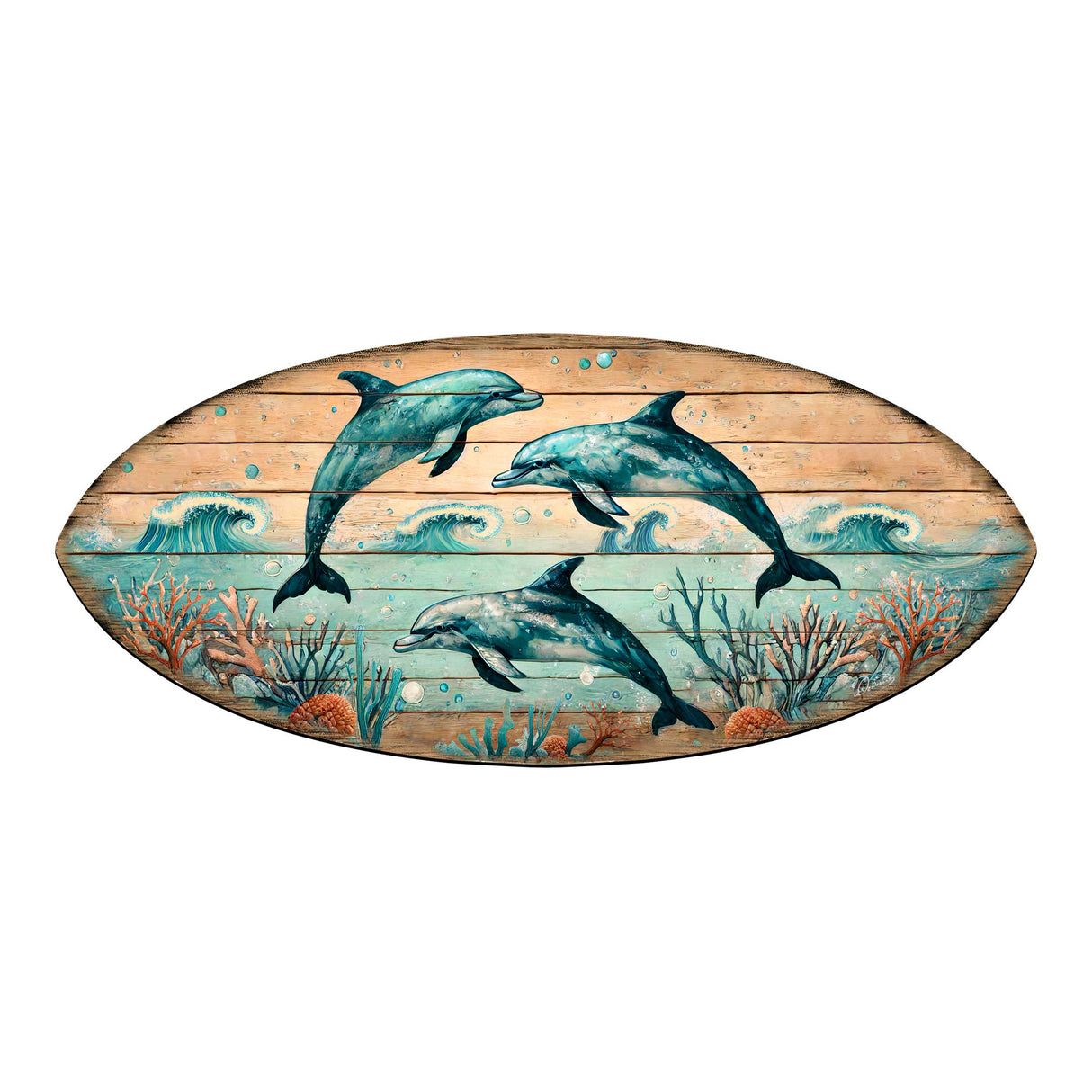 Dolphin Dance Surfboard Wall Art – Handcrafted Coastal Wooden Decor by G.DeBrekht – Beach House Ocean Decor – 8490149HS