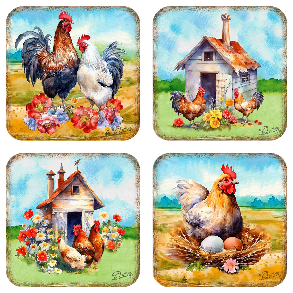 Juego de 4 posavasos de corcho de madera "Primavera en la granja" de G. Debrekht - Decoración de primavera para Pascua - 8199436C-S4
