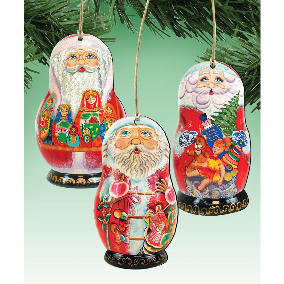 Santa Doll Wooden Ornaments Set of 3 by G. DeBrekht - Christmas Santa Snowman Decor - 8100103S3