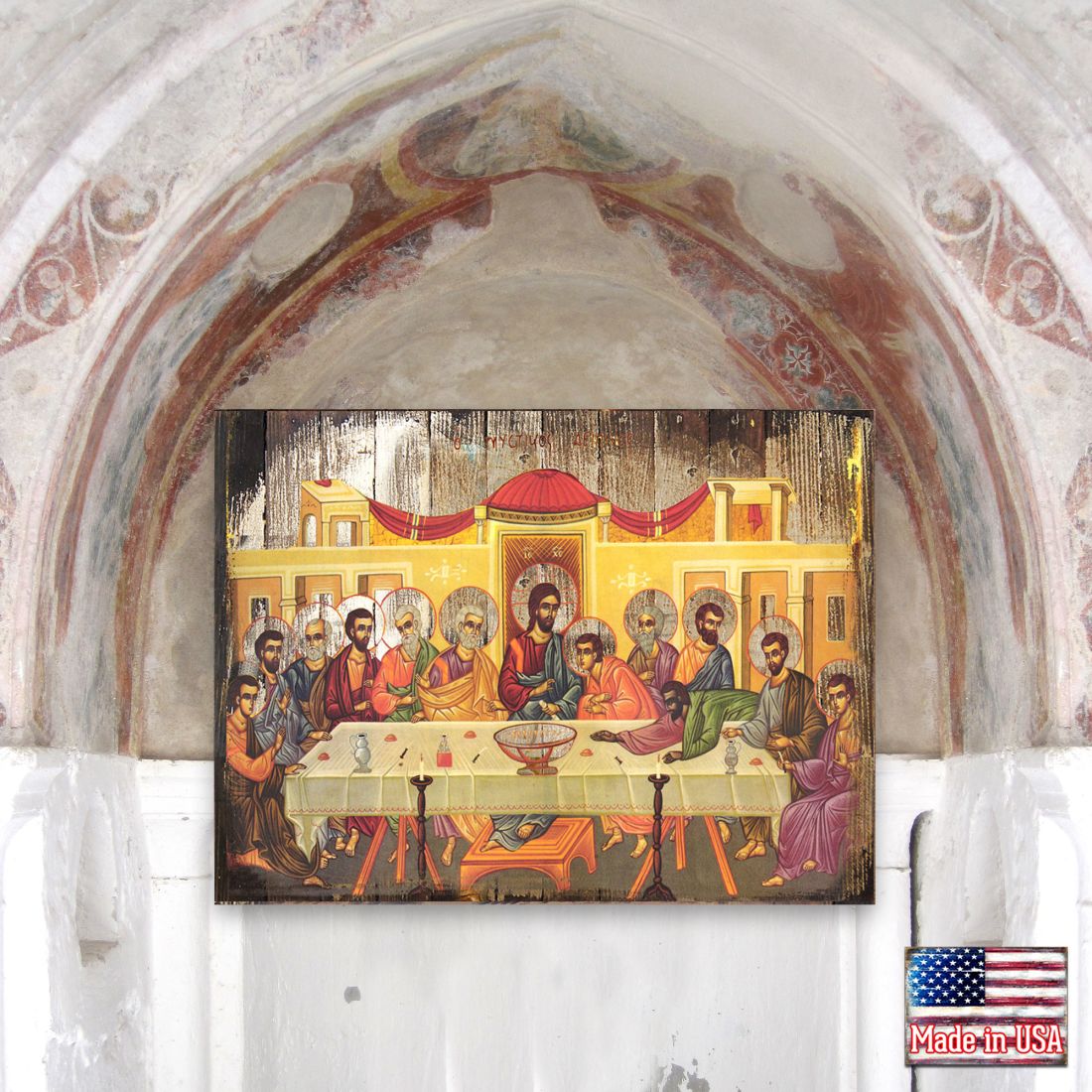 Icono religioso cristiano sagrado de madera bañado en oro de La Última Cena - Decoración inspiradora - 85070