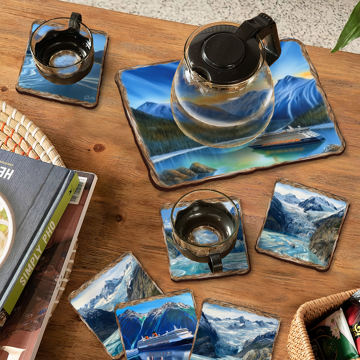 Cruise Ship Wooden Cork Placemat and Coasters Gift Set of 7 by Nature Wonders Nature Wildlife Décor - 85410C-S7