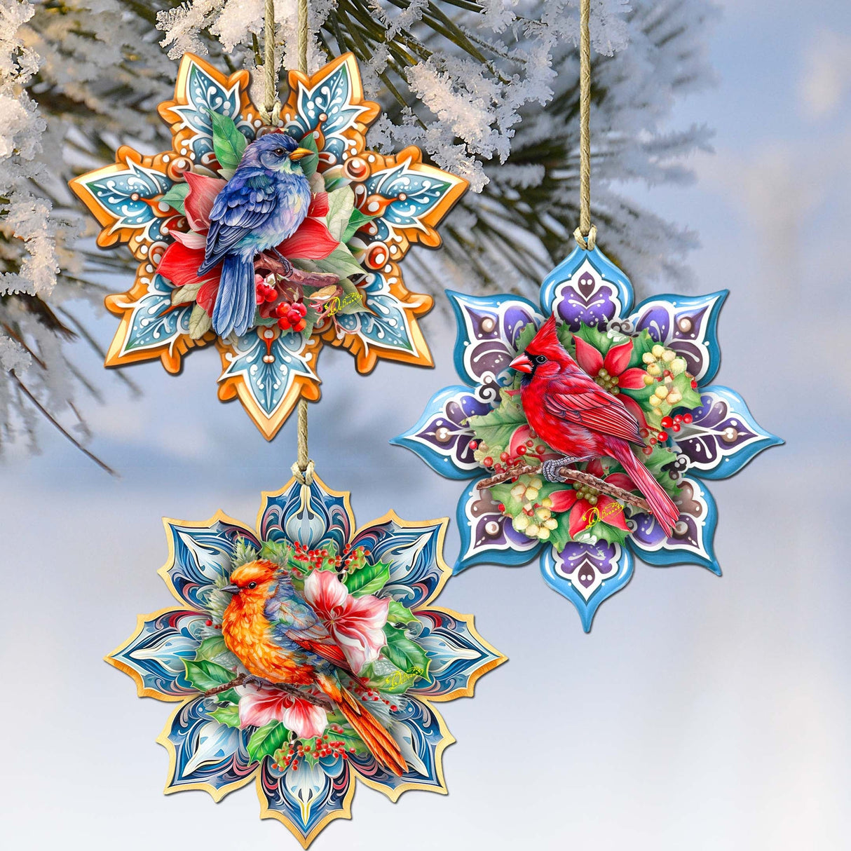 Forest Birds Snowflake Wooden Ornaments Set of 3 by G. Debrekht - Christmas Decor - 8090144-S3