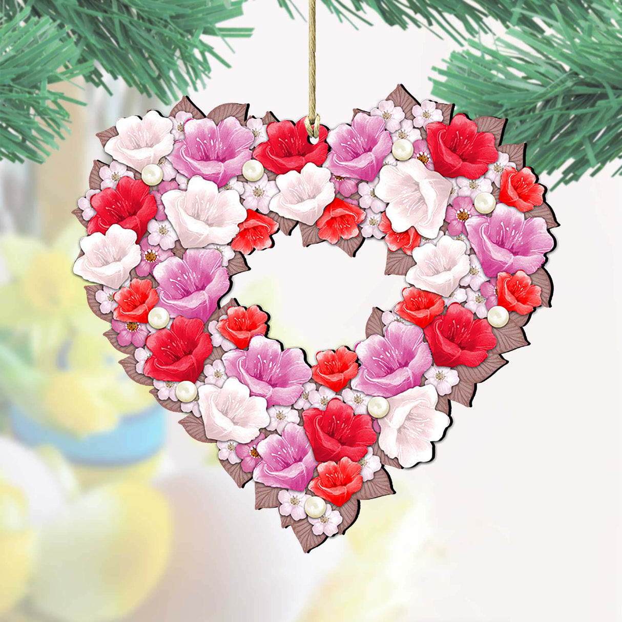 Valentine Heart Wreath Wooden Ornaments by G. DeBrekht - Love Family Kids Decor - 8185308