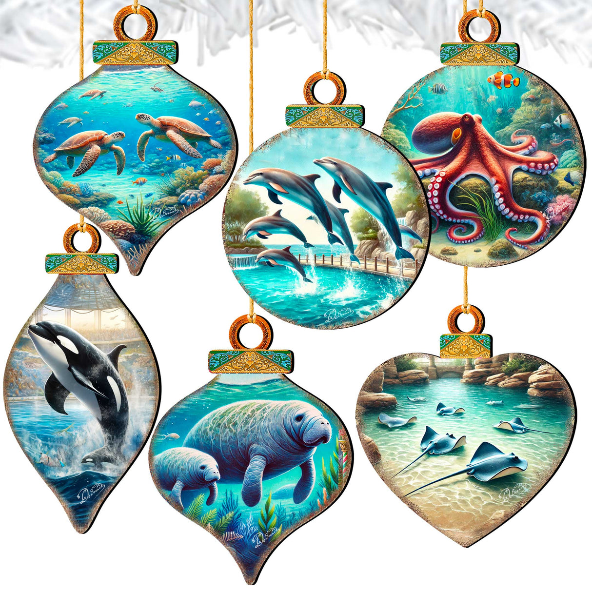 Ocean & Marine Life Wooden Christmas Ornaments Set of 12 – Handcrafted Coastal Décor by G.DeBrekht - 8610105-S12