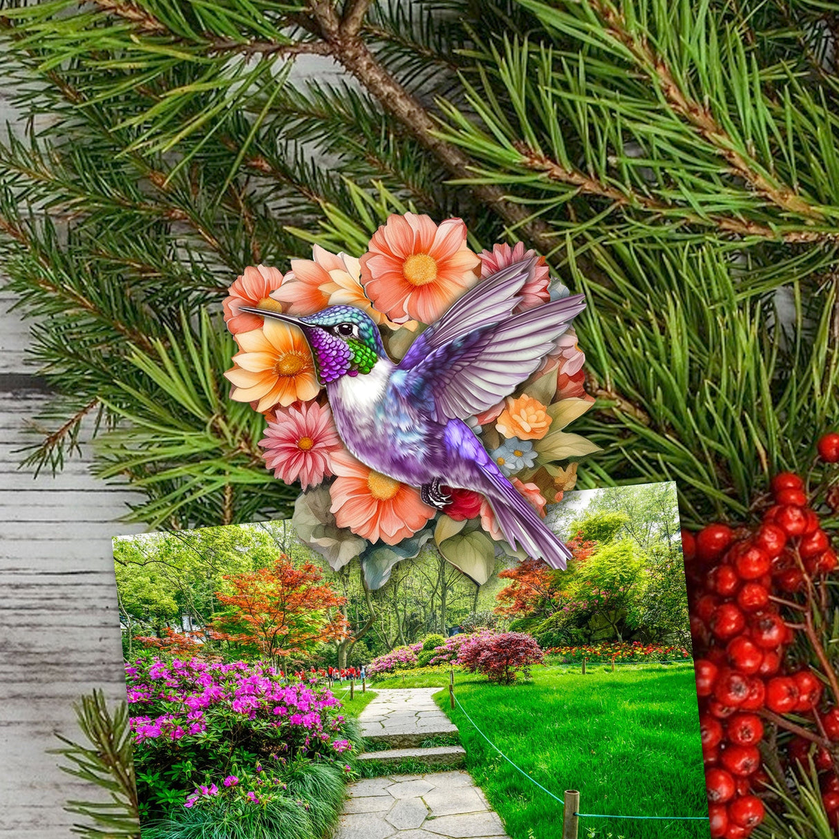 Juego de 6 adornos decorativos de madera con forma de colibríes, de G. Debrekht - Decoración de Pascua y primavera - 8090140C-S6