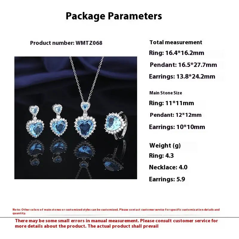 European And American Aquamarine Colored Gems Necklace Ear Stud Ring Women's - Lootquake