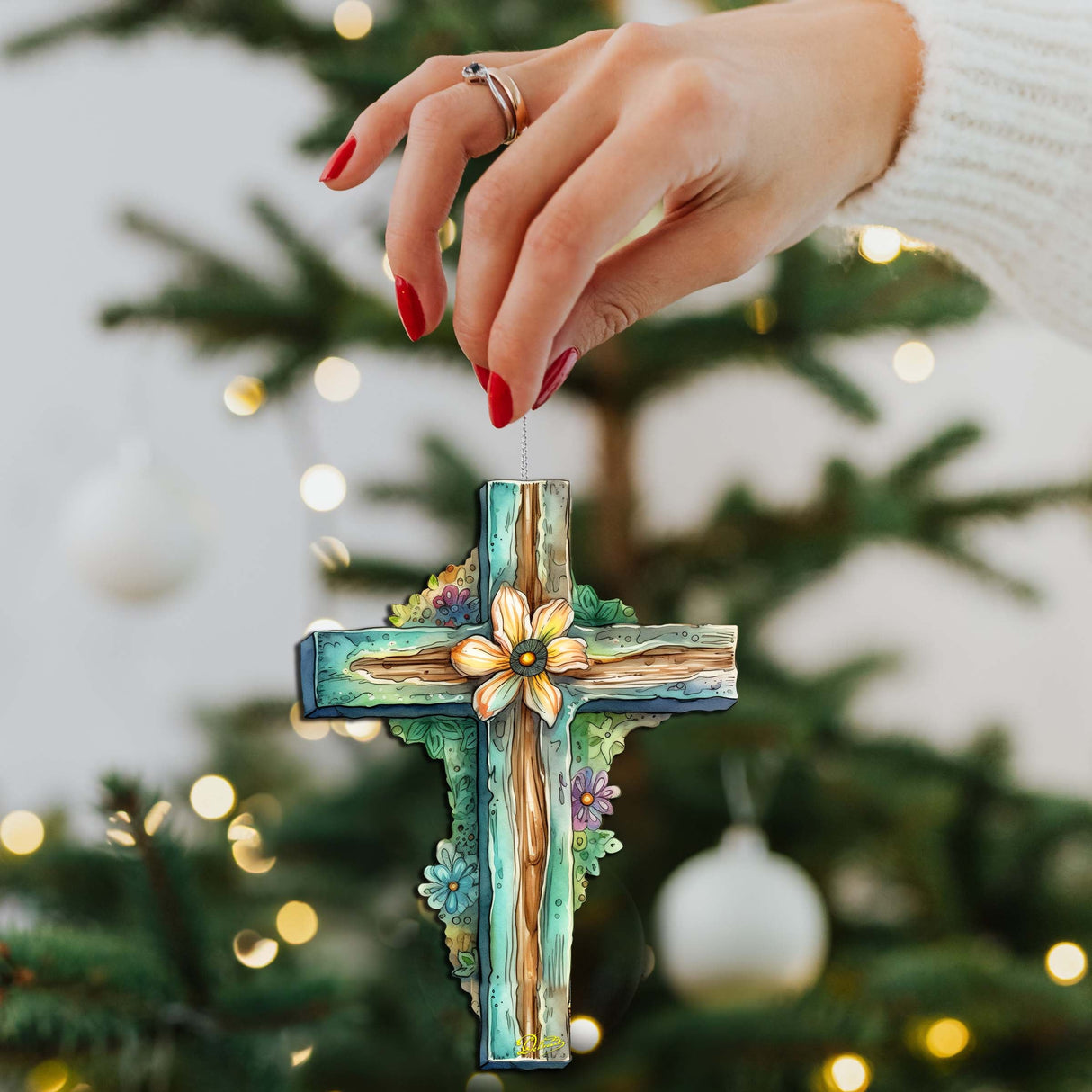 Adornos de madera con forma de cruz de Pascua en color verde azulado de G. DeBrekht - Decoración de primavera para Pascua - 8688164