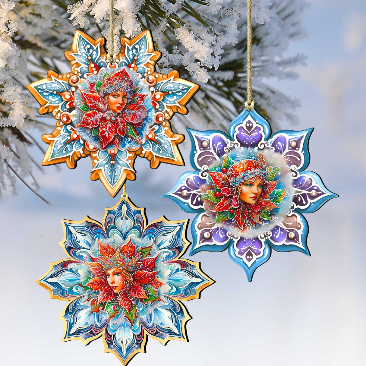 Snow Queen Snowflake Wooden Ornaments set of 3 by G. Debrekht - Christmas Décor - 8090141-S3
