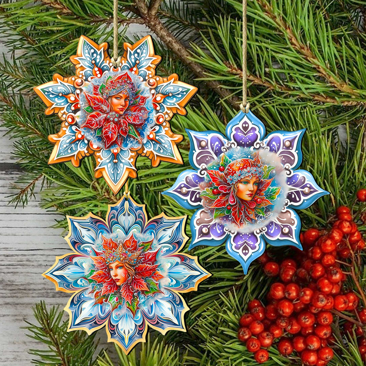 Snow Queen Snowflake Wooden Ornaments set of 3 by G. Debrekht - Christmas Décor - 8090141-S3