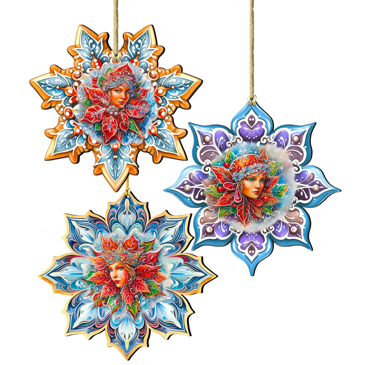 Snow Queen Snowflake Wooden Ornaments set of 3 by G. Debrekht - Christmas Décor - 8090141-S3
