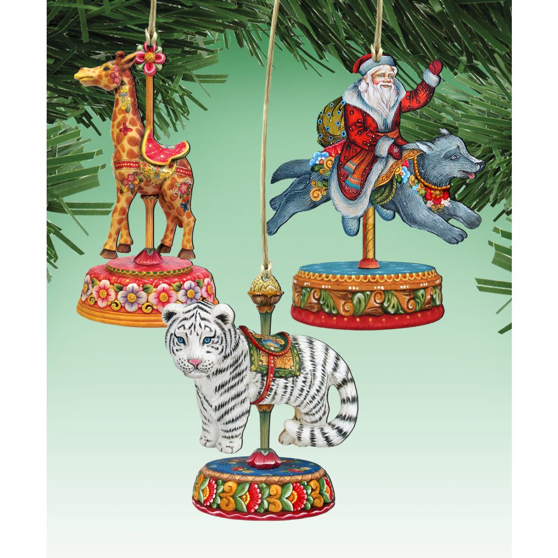 Carousel Wooden Ornaments-Tiger,Santa,Giraffe - Christmas Decor - 8100089S3