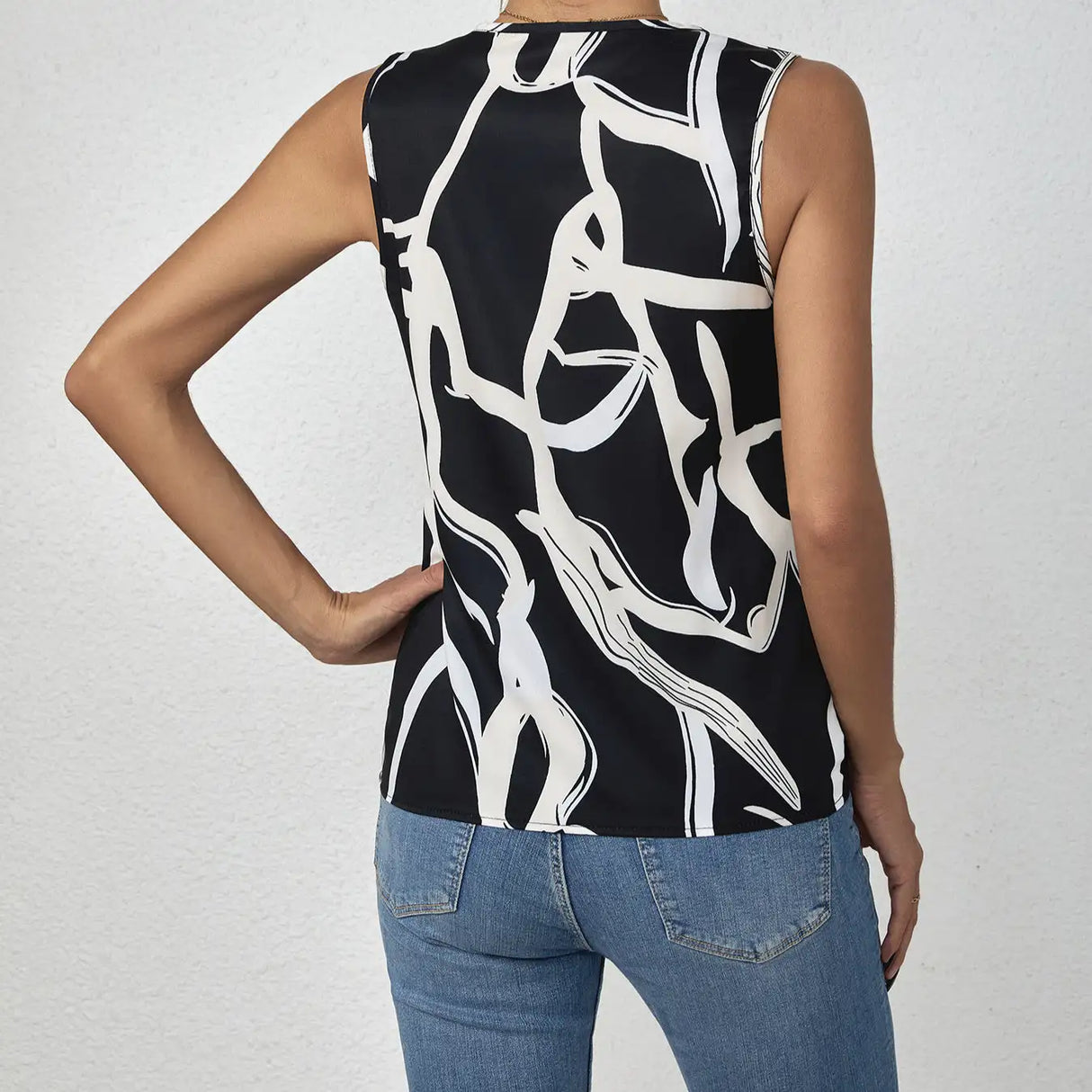 Ladies' Striped Printed Deep V-neck Off Shoulder Pleated Decorative Fashion Vest - Lootquake