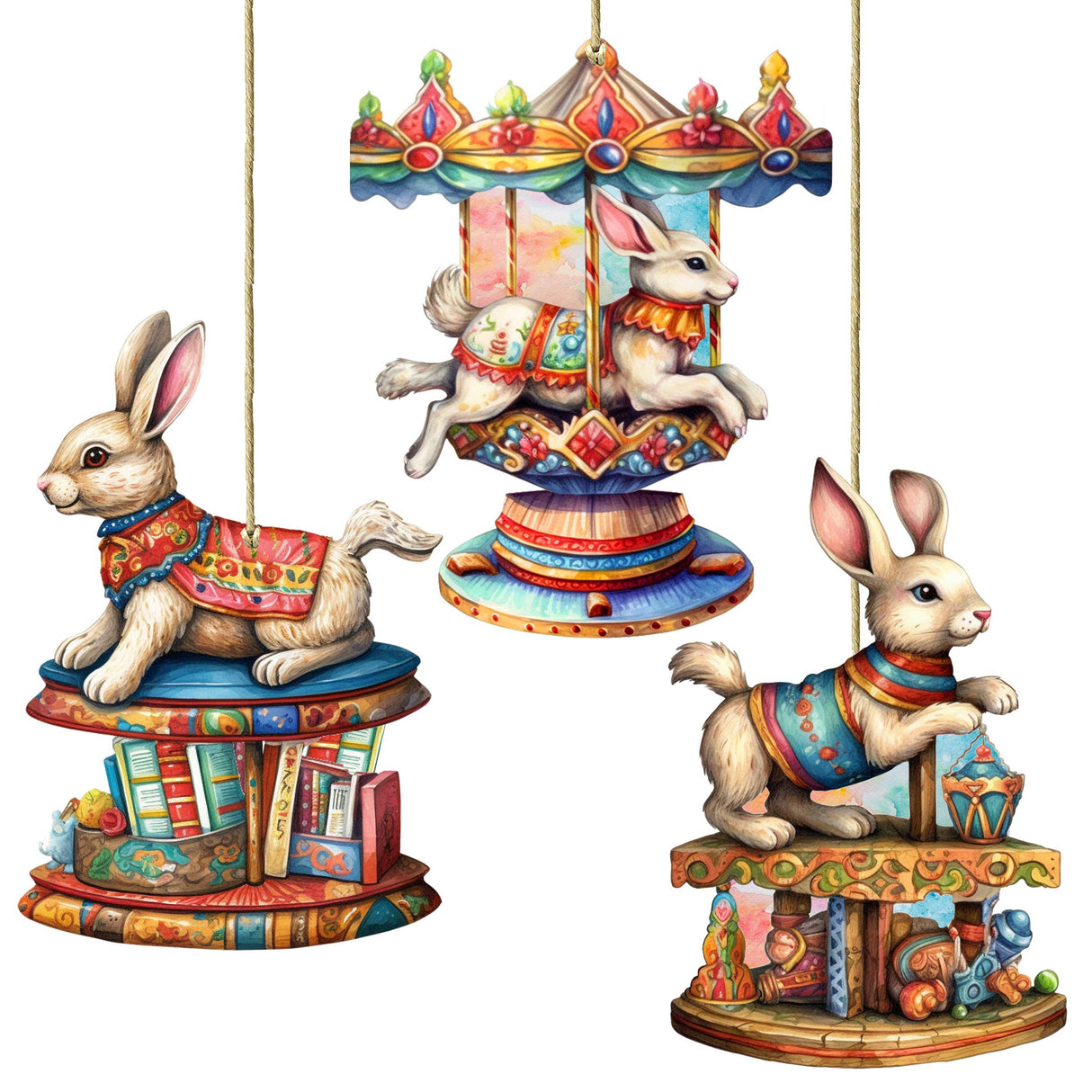 Carousel Bunnies Wooden Ornaments Set of 3 by G. Debrekht - Christmas Decor - 8100195S3