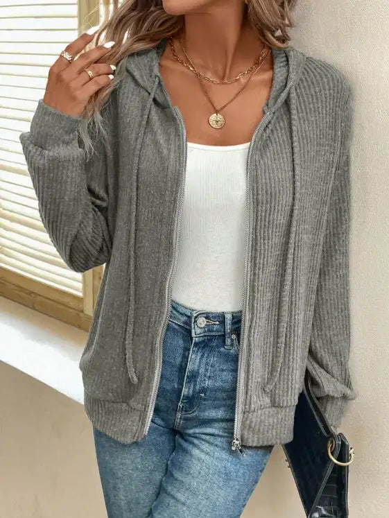 Women's Solid Color Hooded Zipper Fashionable Hoodie - Lootquake