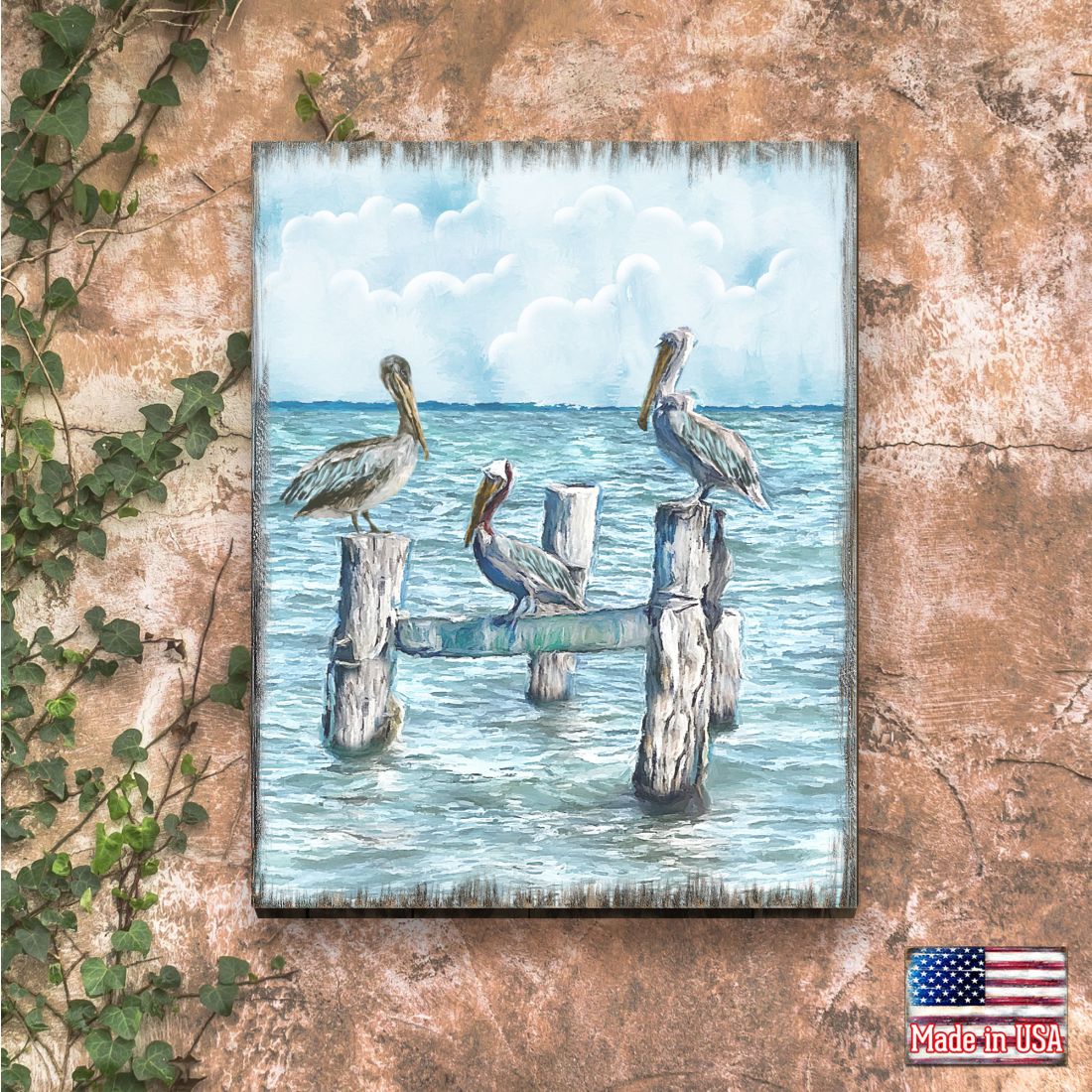 Waiting for a Catch Pelicans Wooden Coastal Wall Art by Nature Wonders - Coastal Sea-Life Decor - 95252-5B