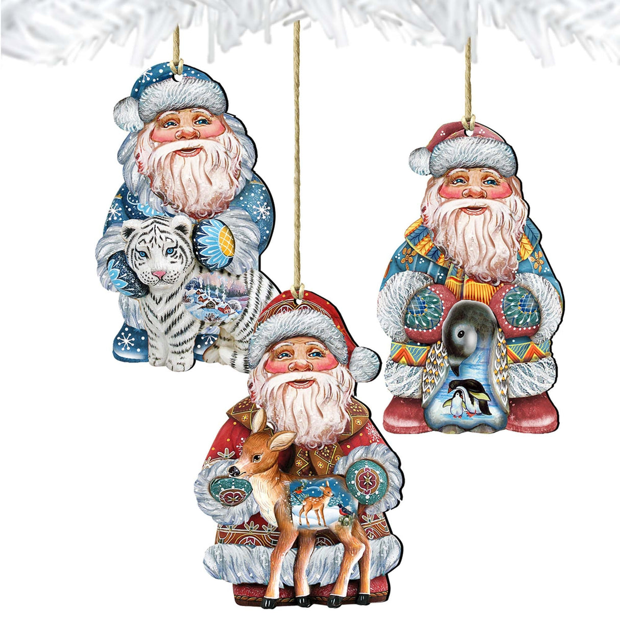 Wild Adventure Santa Wooden Ornaments Set of 3 by G. DeBrekht - Christmas Santa Snowman Decor - 8100009S3