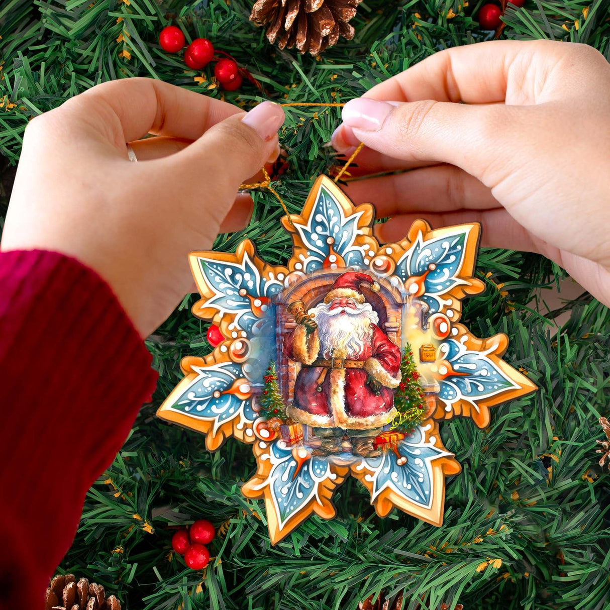 Santa with Bell Snowflake Wooden Ornaments by G. Debrekht - Christmas Santa Snowman Decor - 8688419