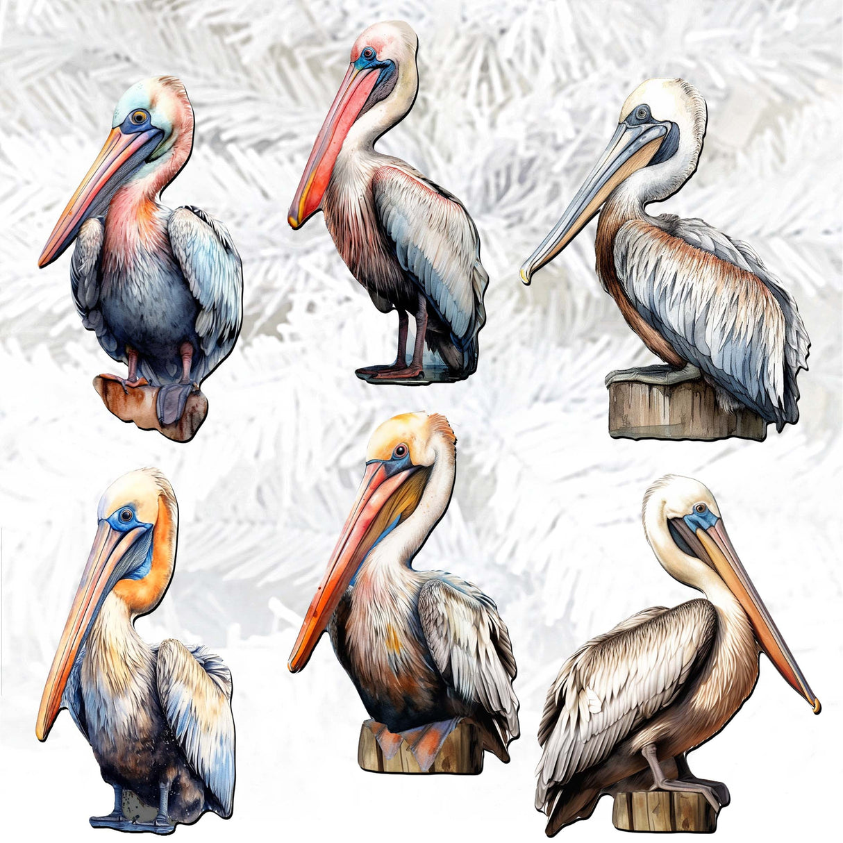 Pelicans Decorative Wooden Clip-on Ornaments of 6 by G. Debrekht - Christmas Decor - 8090014C-S6