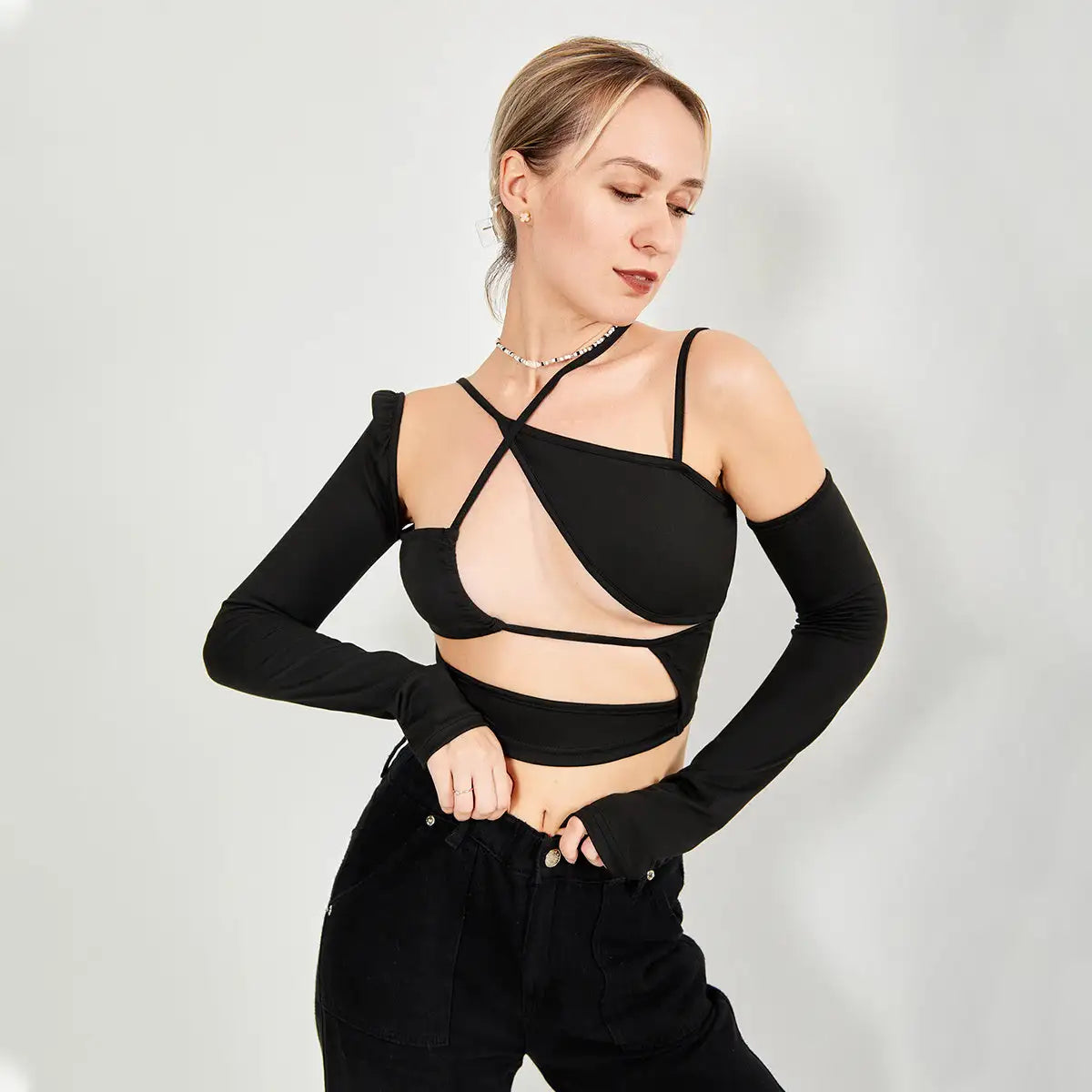 Long Sleeve Top Cut Out Asymmetrical Neck - Lootquake