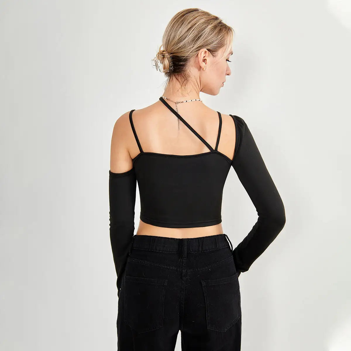 Long Sleeve Top Cut Out Asymmetrical Neck - Lootquake