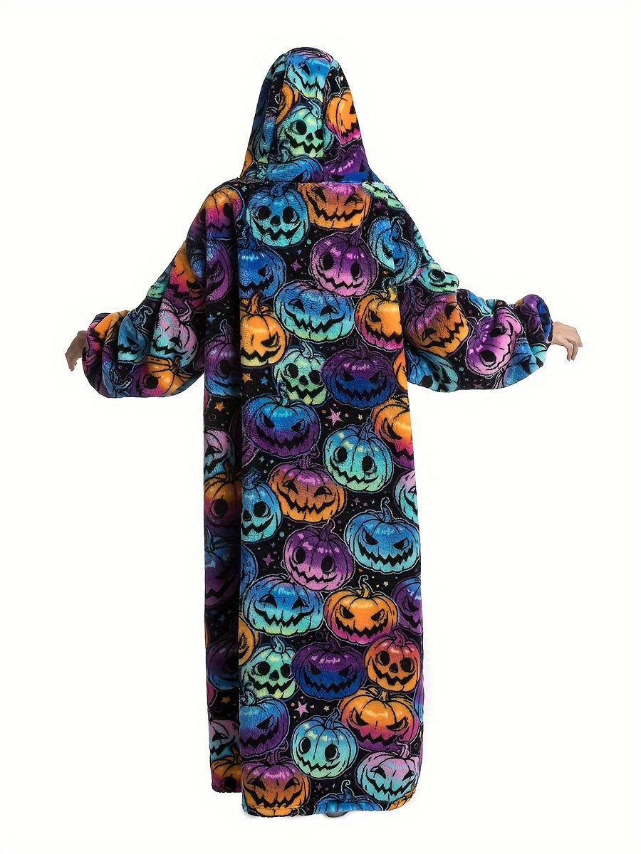 Plus Size Pumpkin Print Flannel Blanket Hoodie - Soft, Cozy, Plush, Hooded, Winter Outwear for Women with Halloween Theme