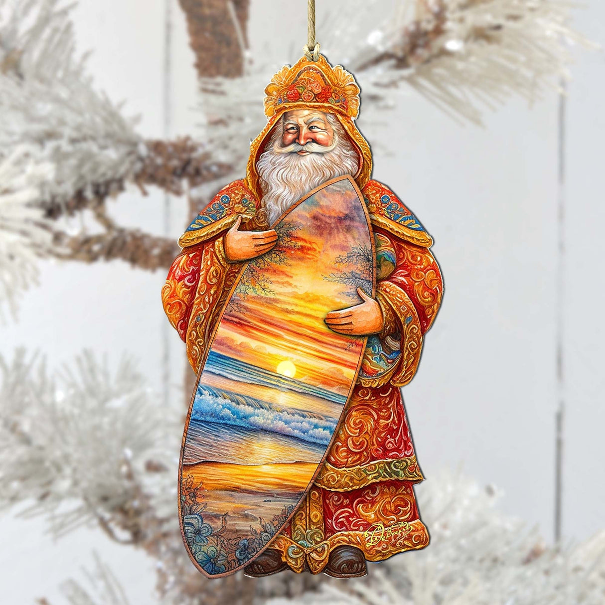 Adornos de madera de Santa Claus con paseo en surf tropical de G. Debrekht - Decoración navideña de muñeco de nieve de Santa Claus - 8691413