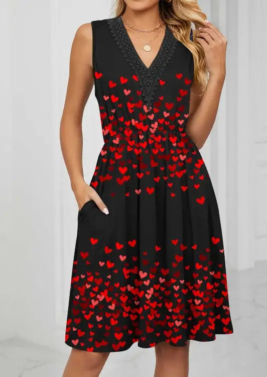 Ladies' V-neck Heart-shaped Printed Casual Off Shoulder Dress - Lootquake